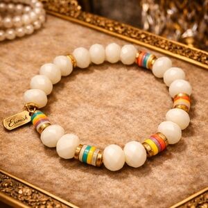 ERIMISH Y2K BEADED STRETCH BRACELET WHITE FACET BEADS COLORFUL SPACERS